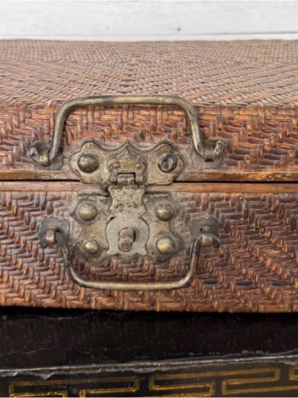 Vintage Asian Woven Rattan & Wood Storage Trunk Chest with brass hardware